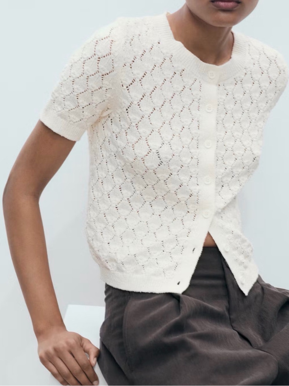 Mango Cream Openwork Knit Short-Sleeve Cardigan